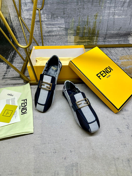FENDI BAGUETTE LOAFERS IN NAVY BLUE MIX WHITE CANVAS GOLD HARDWARE