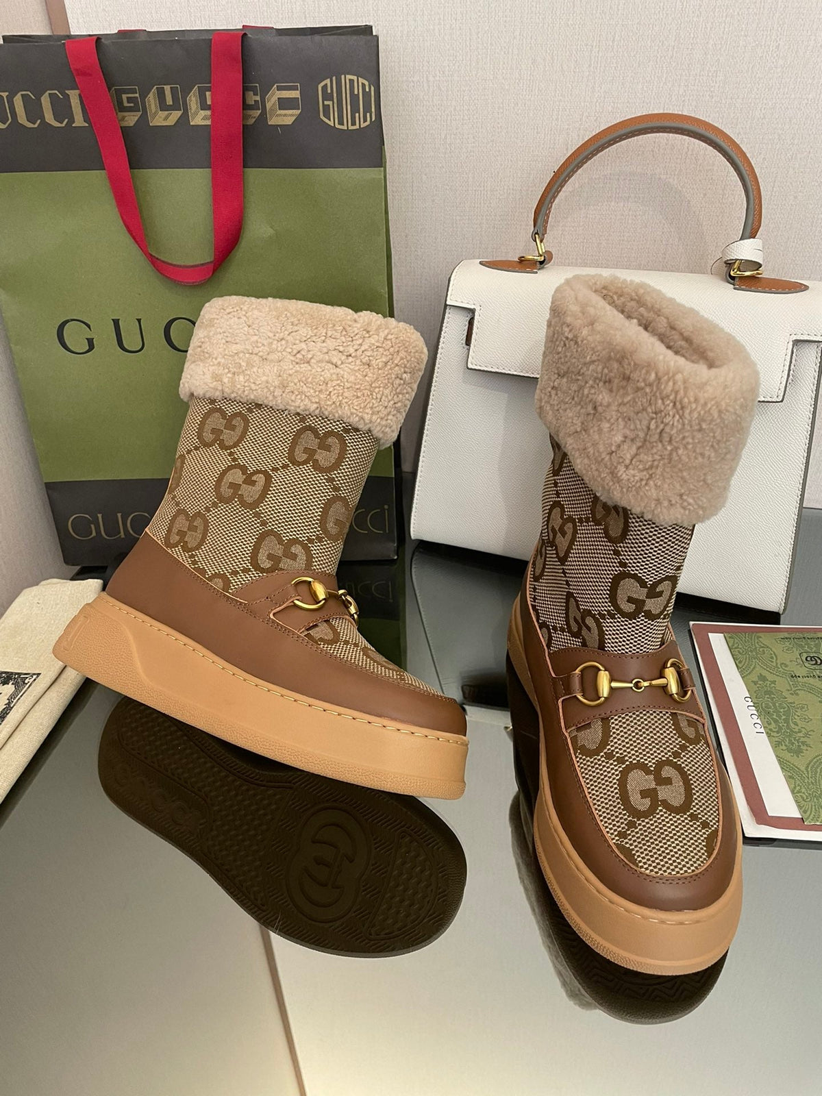 HORSEBIT SNOW ANKLE BOOTS IN ECRU BEIGE MONOGRAM JACQUARD FABRIC MIX BROWN CALFSKIN AND LAMB WOOL LINING