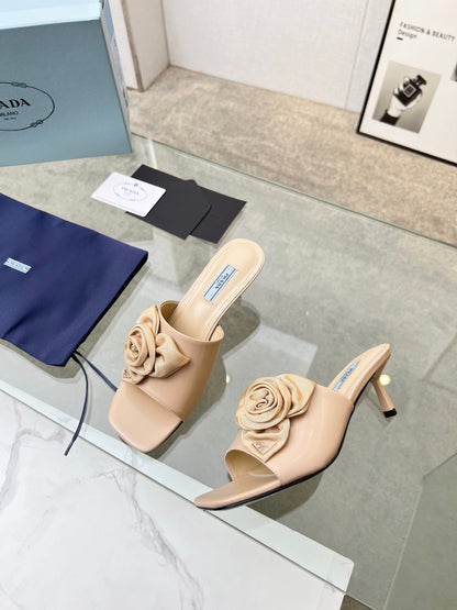 PRA FLOWER POINTED HEELS 55 BEIGE CALFSKIN
