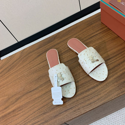 FLAT SLIPPERS IN CREAM WHITE LAMBSKIN OSTRICH SKIN
