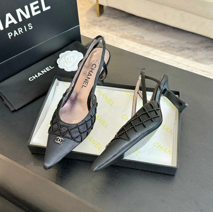 POINTED SLINGBACK MID HEELS BLACK LAMBSKIN