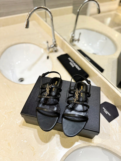 SL LOGO FLAT SANDALS BLACK CALFSKIN