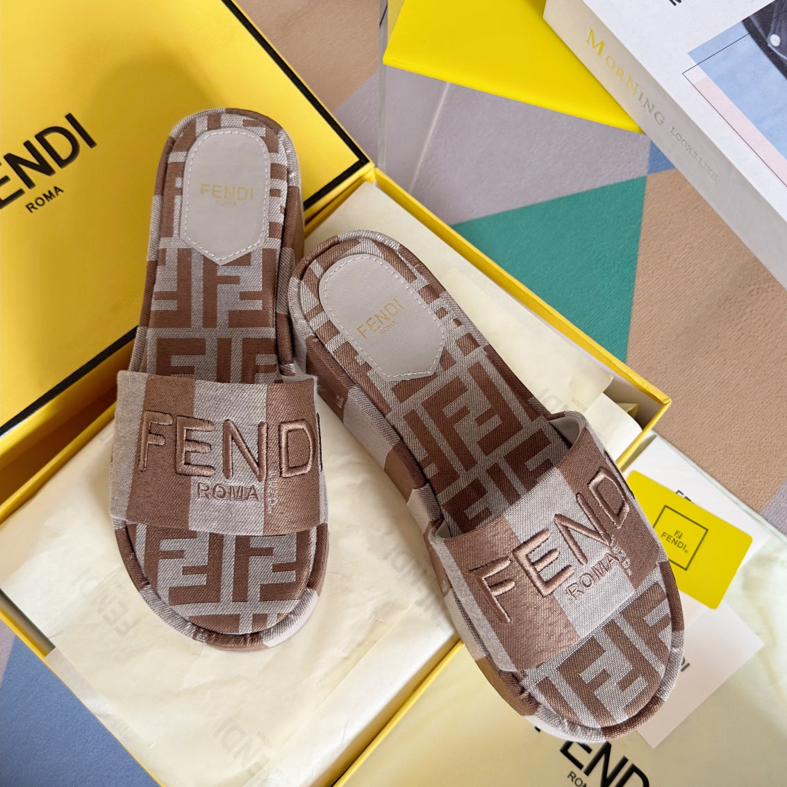 FENDI PLATFORM WEDGES IN ASH BROWN MIX WHITE FF MONOGRAM FABRIC