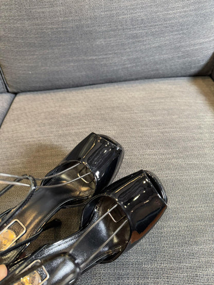 LA SCANDALE PLATFORM SANDALS IN BLACK GLOSSY CALFSKIN