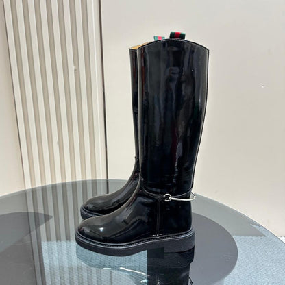 SLIM HORSEBIT KNEE BOOTS WITH WEB IN BLACK GLOSSY CALFSKIN