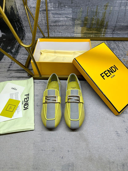 FENDI BAGUETTE LOAFERS IN GREY MIX LEMON YELLOW CANVAS GOLD HARDWARE