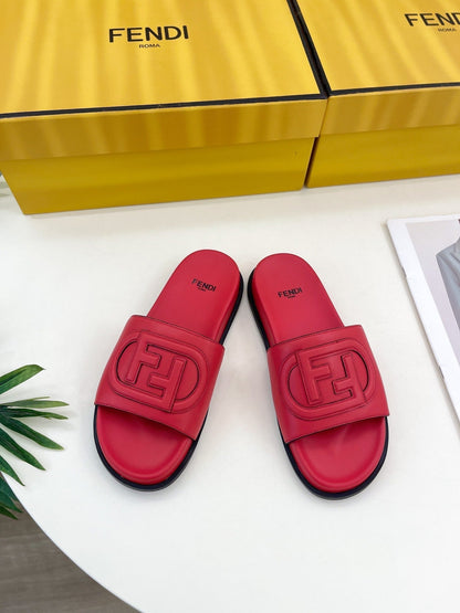 FENDI LOGO SLIDES IN CHERRY RED CALFSKIN
