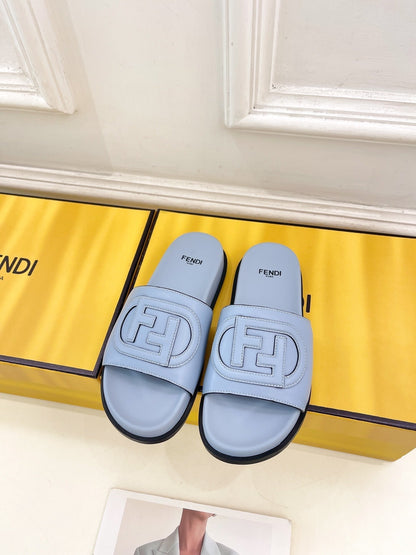 FENDI LOGO SLIDES IN BLUE POWDER CALFSKIN